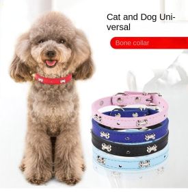 Pet bones pet collar PU dog collar adjustable cat collar pet jewelry (Color: Sky Blue, size: 1.5*38cm)