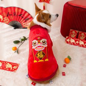 Tang Suit Pet Dog Costume; Warm Tang Costume Happy New Year sweater; chinese style dog coat (Color: Red Lion, size: S)